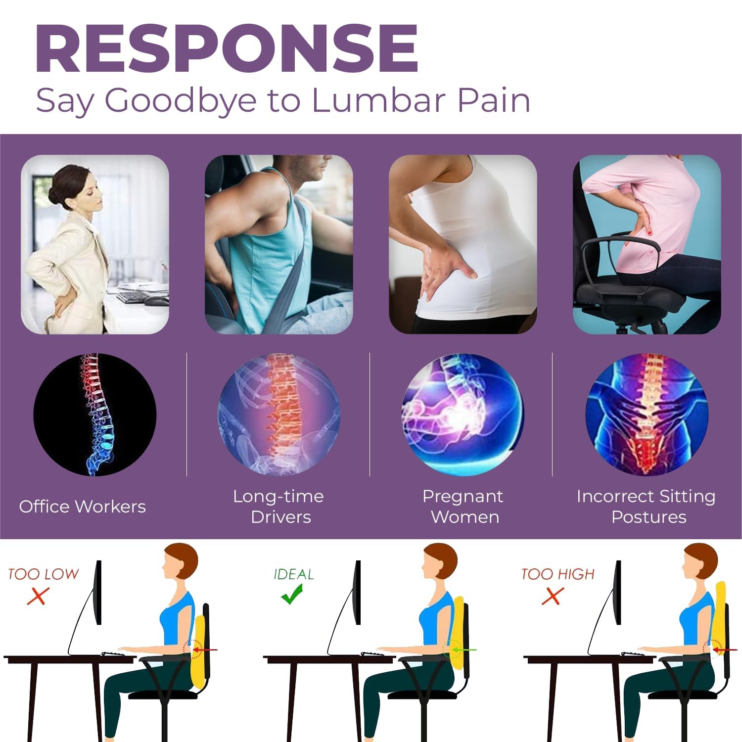 Response Set of 2 Orthopedic Memory Foam Seat Cushion & Back Support Cushion for Office Chair | Coccyx, Tailbone, Sciatica & Back Pain Relief | Ergonomic Chair Pad & Lumbar Support for Office, Car